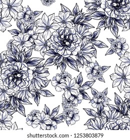 Abstract seamless pattern with plants, herbs and flowers, colorful botanical illustration.