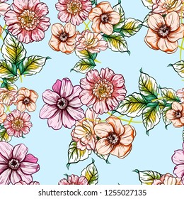 Abstract seamless pattern with plants, herbs and flowers