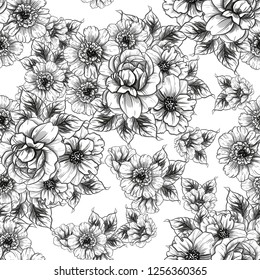 Abstract seamless pattern with plants, herbs and flowers, colorful botanical illustration.
