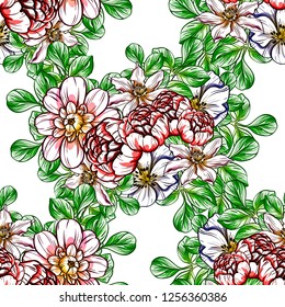 Abstract seamless pattern with plants, herbs and flowers, colorful botanical illustration.