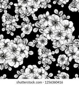 Abstract seamless pattern with plants, herbs and flowers, colorful botanical illustration.