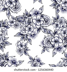 Abstract seamless pattern with plants, herbs and flowers, colorful botanical illustration.
