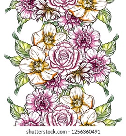Abstract seamless pattern with plants, herbs and flowers, colorful botanical illustration.