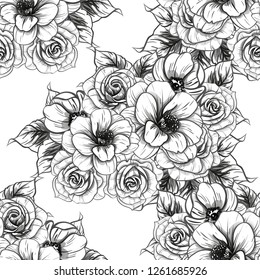 Abstract seamless pattern with plants, herbs and flowers