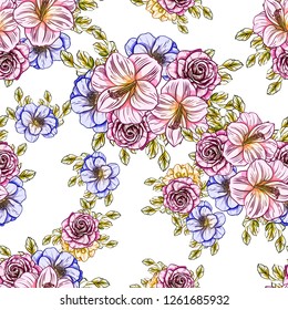 Abstract seamless pattern with plants, herbs and flowers
