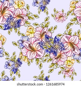 Abstract seamless pattern with plants, herbs and flowers