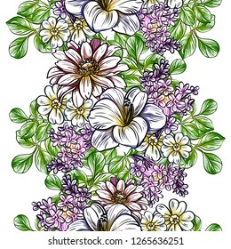 Abstract seamless pattern with plants, herbs and flowers