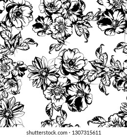 Abstract seamless pattern with plants, herbs and flowers