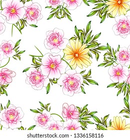 Abstract seamless pattern with plants, herbs and flowers