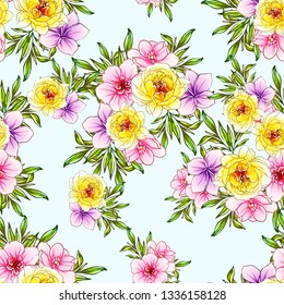 Abstract seamless pattern with plants, herbs and flowers