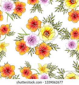 Abstract seamless pattern with plants, herbs and flowers