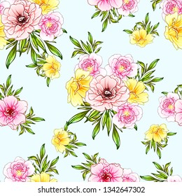 Abstract seamless pattern with plants, herbs and flowers, colorful botanical illustration.