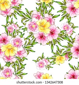 Abstract seamless pattern with plants, herbs and flowers, colorful botanical illustration.