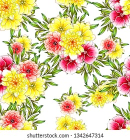Abstract seamless pattern with plants, herbs and flowers, colorful botanical illustration.