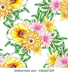 Abstract seamless pattern with plants, herbs and flowers, colorful botanical illustration.