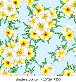 Abstract seamless pattern with plants, herbs and flowers, colorful botanical illustration.