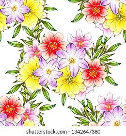 Abstract seamless pattern with plants, herbs and flowers, colorful botanical illustration.