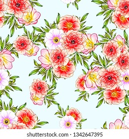 Abstract seamless pattern with plants, herbs and flowers, colorful botanical illustration.