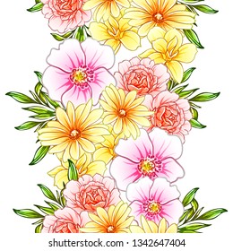 Abstract seamless pattern with plants, herbs and flowers, colorful botanical illustration.