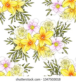 Abstract seamless pattern with plants, herbs and flowers