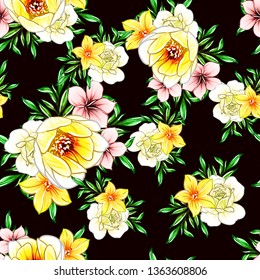 Abstract seamless pattern with plants, herbs and flowers