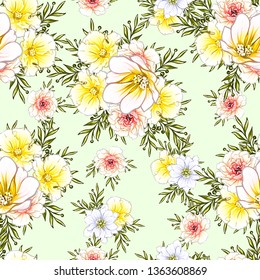 Abstract seamless pattern with plants, herbs and flowers