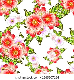 Abstract seamless pattern with plants, herbs and flowers, colorful botanical illustration.