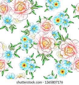 Abstract seamless pattern with plants, herbs and flowers, colorful botanical illustration.