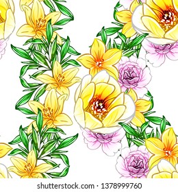 Abstract seamless pattern with plants, herbs and flowers