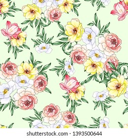 Abstract seamless pattern with plants, herbs and flowers