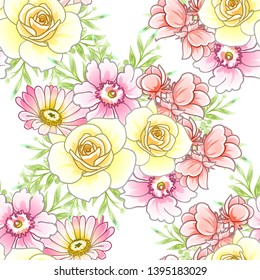 Abstract seamless pattern with plants, herbs and flowers