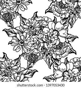 Abstract seamless pattern with plants, herbs and flowers