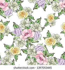 Abstract seamless pattern with plants, herbs and flowers