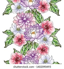 Abstract seamless pattern with plants, herbs and flowers, colorful botanical illustration.