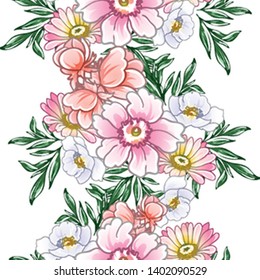 Abstract seamless pattern with plants, herbs and flowers, colorful botanical illustration.