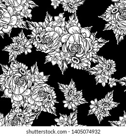 Abstract seamless pattern with plants, herbs and flowers