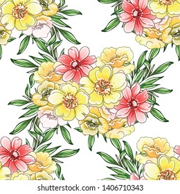 Abstract seamless pattern with plants, herbs and flowers, colorful botanical illustration.