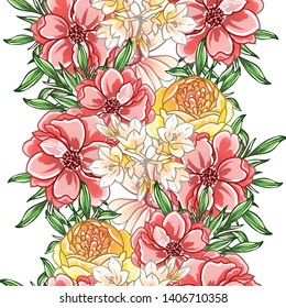 Abstract seamless pattern with plants, herbs and flowers, colorful botanical illustration.