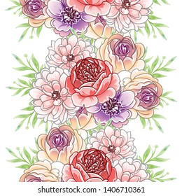 Abstract seamless pattern with plants, herbs and flowers, colorful botanical illustration.