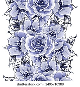 Abstract seamless pattern with plants, herbs and flowers, colorful botanical illustration.
