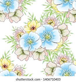 Abstract seamless pattern with plants, herbs and flowers, colorful botanical illustration.