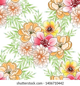 Abstract seamless pattern with plants, herbs and flowers, colorful botanical illustration.