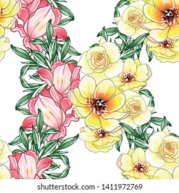 Abstract seamless pattern with plants, herbs and flowers