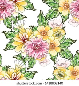 Abstract seamless pattern with plants, herbs and flowers