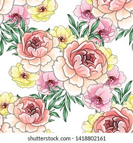 Abstract seamless pattern with plants, herbs and flowers