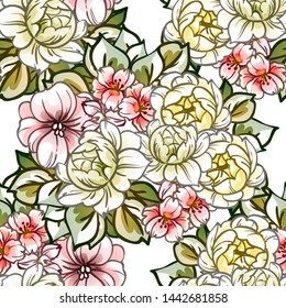 Abstract seamless pattern with plants, herbs and flowers