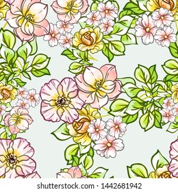 Abstract seamless pattern with plants, herbs and flowers