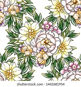 Abstract seamless pattern with plants, herbs and flowers