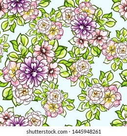 Abstract seamless pattern with plants, herbs and flowers