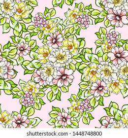 Abstract seamless pattern with plants, herbs and flowers